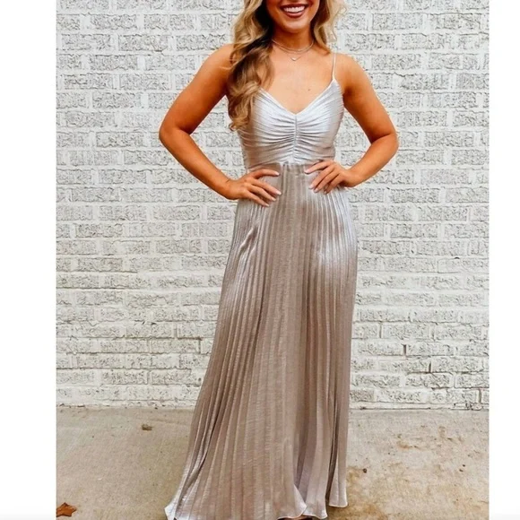 NWT Lucy Paris,Pleated Floor Length Dress In Silver Pewter Elegant Dress,Size M - Picture 2 of 8